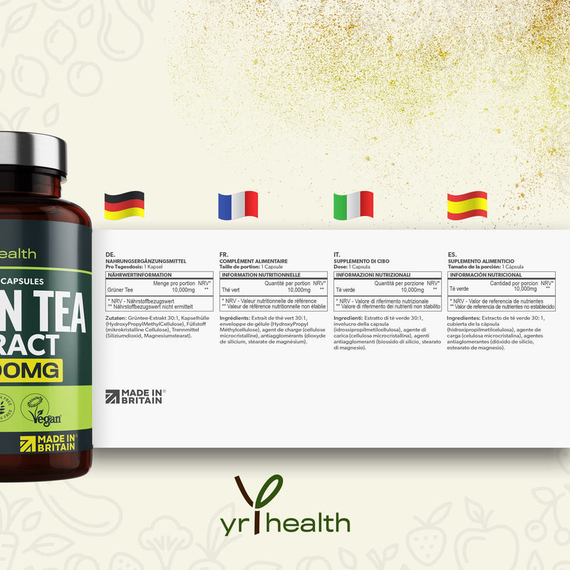 [Australia] - Green Tea Capsules from Vegan Green Tea Extract 10,000mg, Green Tea Tablets High Strength for Weight Loss, Metabolism Booster Keto Diet, 60 Vegan Society Registered Capsules, UK Made by YrHealth 