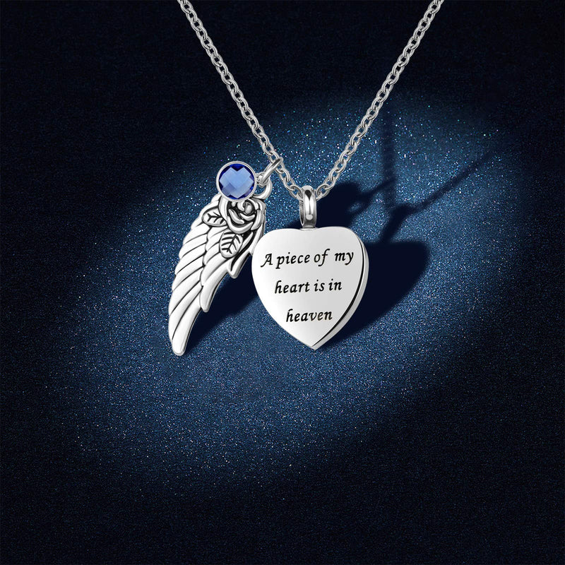 [Australia] - YSAHan Cremation Heart Urn Necklace Ashes Angel Wing Charm Jewelry for Women Men with 12 Birthstones Memorial Pendant Keepsake-A Piece of My Heart is in Heaven Feb 