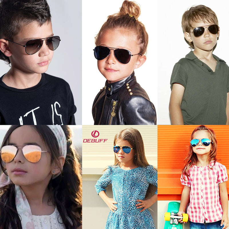[Australia] - DeBuff Kids Polarized Aviator Sunglasses for Boys Girls Age 5-18, Adult Small Face 52MM (2 Pack,(black/Gray, Silver/Blue Mirrored) ) 