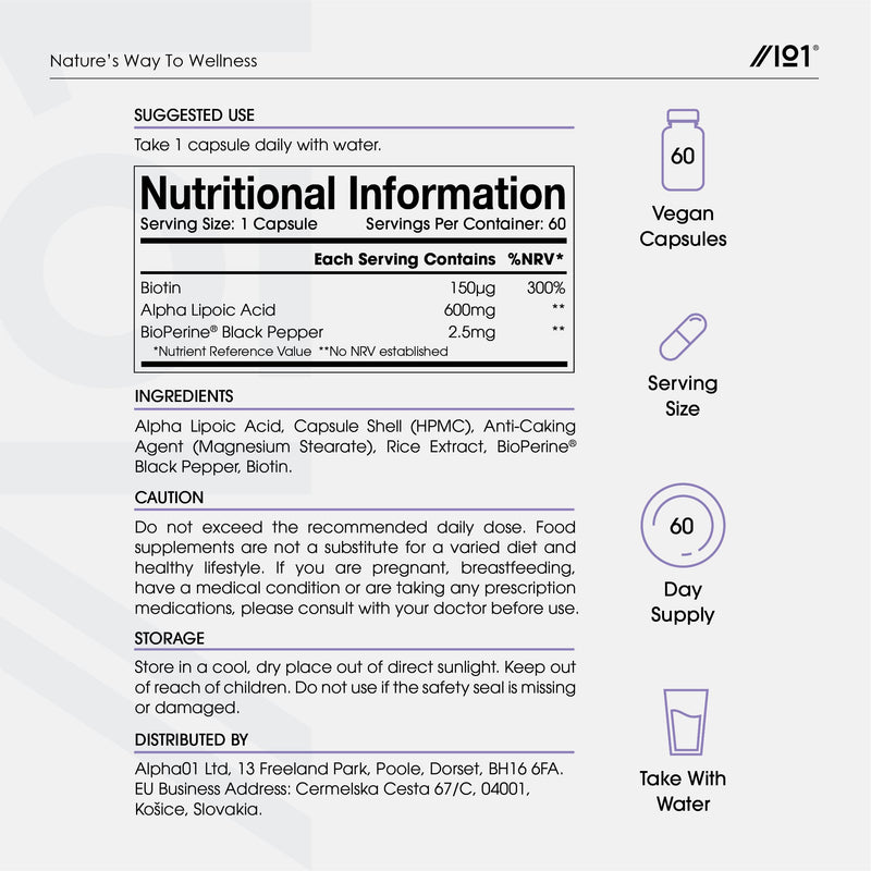 [Australia] - Alpha Lipoic Acid (ALA) 600mg - Made with Biotin & BioPerine® - 60 High Strength Capsules - Potent Amino Acids Supplement - Powerful Antioxidant - No Artificial Preservatives - Vegan, Non GMO. 