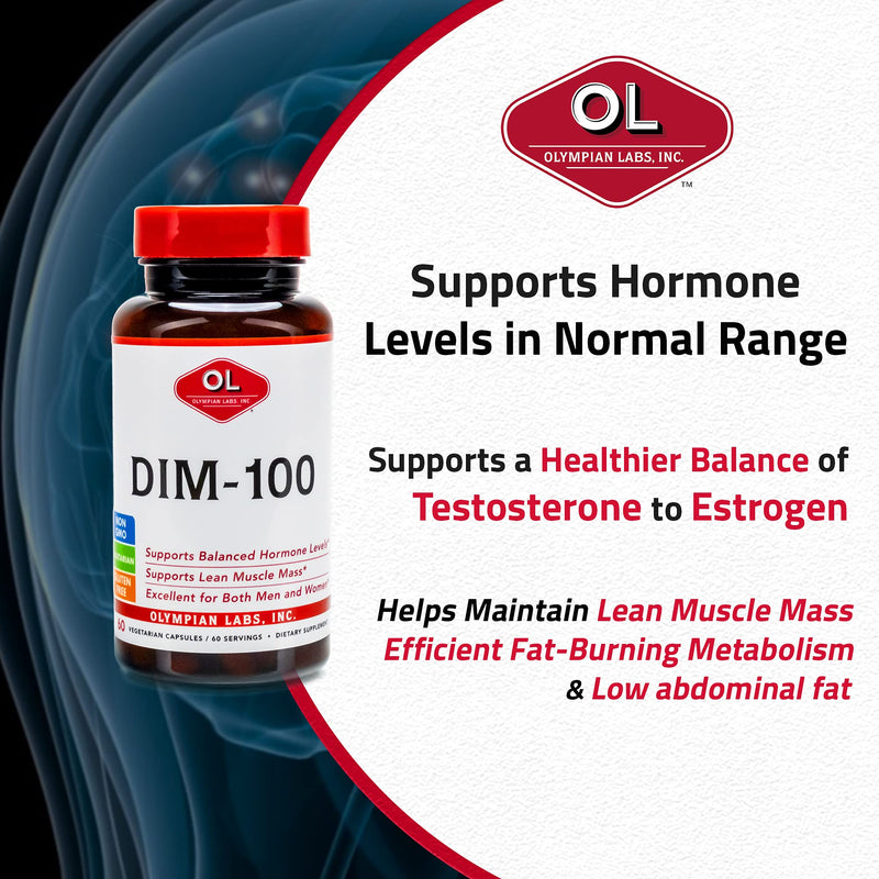[Australia] - Olympian Labs DIM Supplement 100mg - DIM Diindolylmethane 60 Capsule Supply of DIM for Estrogen Balance, Hormone Menopause Relief, Acne Treatment, PCOS, Bodybuilding 100 MG, 60 Caps 