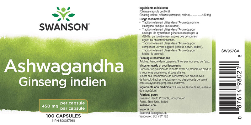 [Australia] - Swanson Ashwagandha Powder Supplement-Ashwagandha Root & Aerial Parts Supplement Promoting Stress Relief & Energy Support-Ayurvedic Supplement for Natural Wellness (100 Capsules, 450mg Each) 1 