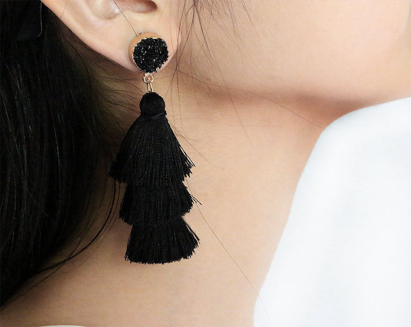 [Australia] - Me&Hz Colorful Layered Tassel Earrings Bohemian Tiered Tassel Druzy Stud Dangle Drop Earrings for Women Teen Girls Birthday Christmas Friends Gift Black 