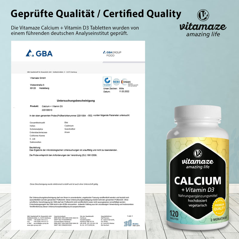 [Australia] - Calcium and Vitamin D3 Tablets 600 mg - Calcium Carbonate High Strength + 400 IU Cholecalciferol per Daily Dose -120 Vegetarian Tablets for 2 Months - Supplement for Bone Density 