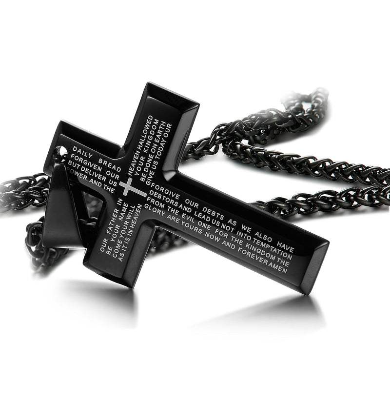 [Australia] - Jstyle Stainless Steel Black Cross Pendant Necklace for Men Lord's Prayer Necklace Heavy Wheat Chain 22 24 30 Inch 22.0 Inches 