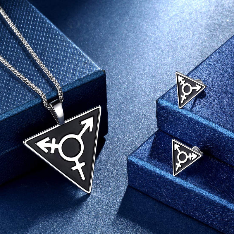 [Australia] - beautlace LGBT Necklaces/Stud Earrings/Set Silver/18K Gold/Black Gun Plated Triangle Pendant Gay & Lesbian Pride Jewelry Set for Men and Women Black gun plated 