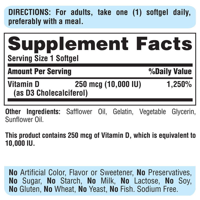 [Australia] - Puritans Pride Vitamin D3 10000 IU Bolsters Health Immune System Support and Healthy Bones & Teeth Softgels, Yellow, 100 Count 