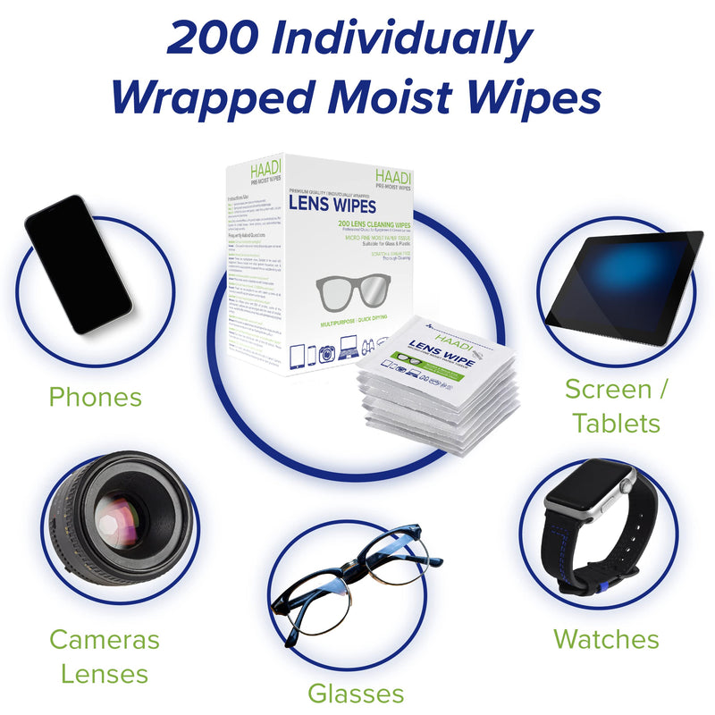 [Australia] - Glasses Cleaner Wipes 200 Individually Wrapped Lens Wipes Multipurpose Suitable for Spectacle Lenses, Cameras, Binoculars, Mirrors, Screens, Optical and Electronic Devices 