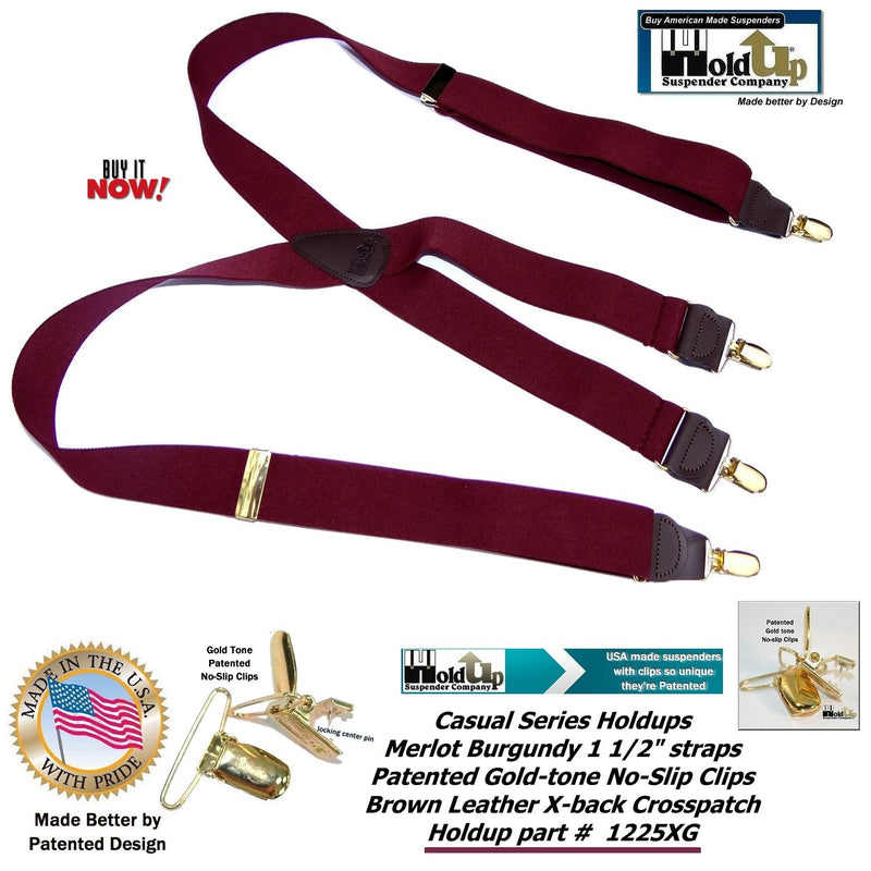 [Australia] - HoldUp Brand Merlot Burgundy X-back Suspenders with patented No-Slip Gold-tone center pin clips 