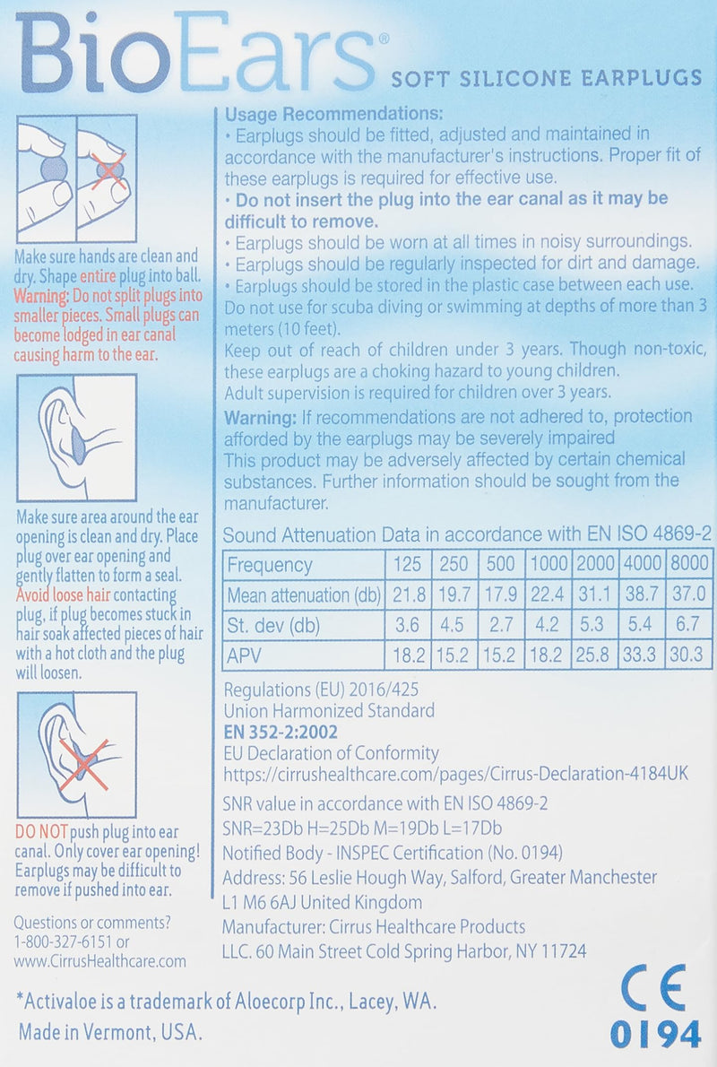 [Australia] - BioEars 41304 Soft Silicone Earplugs with ACTIValoe. Premium silicone. Protection from Water and Noise (6 pairs),Blue 6 pair (Pack of 1) 