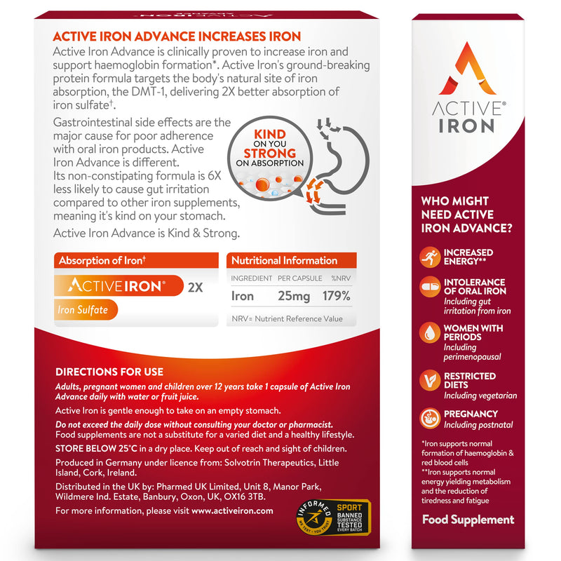 [Australia] - Active Iron Advance 25mg Iron Supplement | Non- Constipating | Clinically Proven to Increase Iron Levels | Fights Tiredness & Fatigue | 30 Daily Capsules 