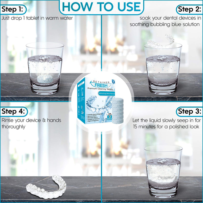 [Australia] - Retainer Cleaning Tablets - 120 Tablets 4 Months Supply Retainer Fresh, Brite, and Stain-Free - Retainer Cleaner Tablet, Invisalign, Mouth Guard, Dentures, Aligners 120 Count (Pack of 1) 