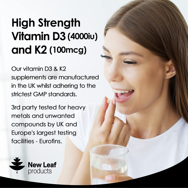 [Australia] - Vitamin D3 K2, Vitamin D3 4000iu + Vitamin K2 100mcg, 4 Months Supply, Supports Immunity, Calcium Absorption and Bone Health, Non-GMO, UK Made by New Leaf 120 Vegetarian Tablets, 