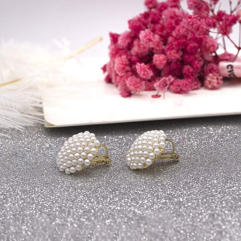 [Australia] - QUKE Simulated Pearl Golden Tone Big Clip On Studs Earrings Non Pierced Bridal Elegant Earrings Jewelry Gift for Women Girls 