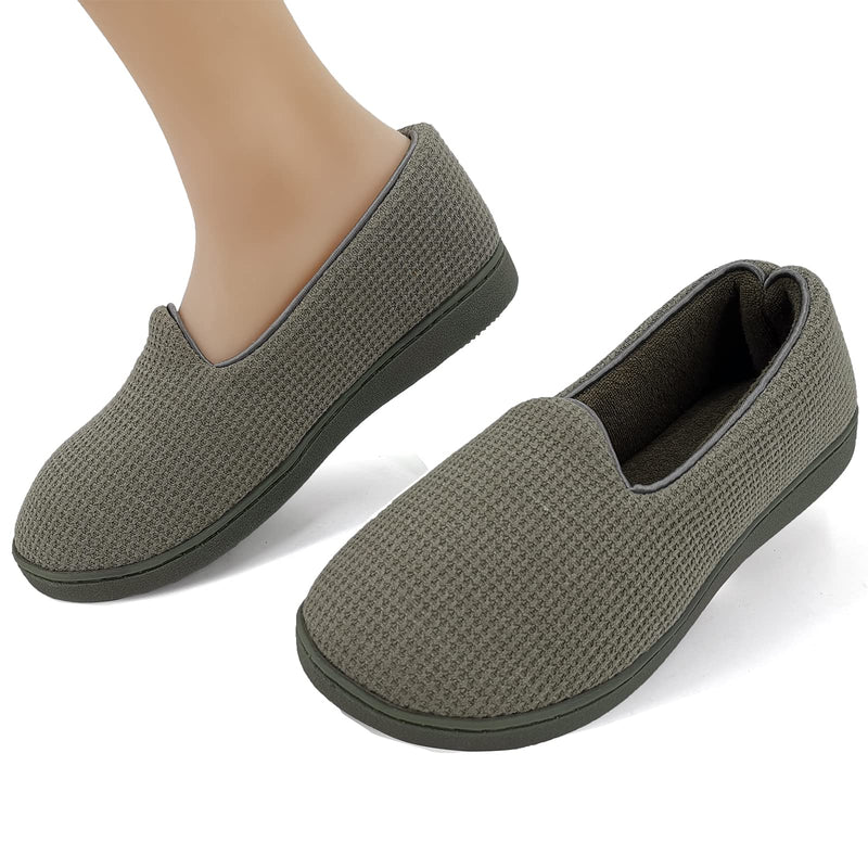 [Australia] - ofoot Womens Memory Foam Knit Cotton Waffle House Slippers with Back Indoor Slip On Shoes Lightweight Washable Terry Cloth Lining Non Slip Rubber Soles 5.5/6 UK Green 