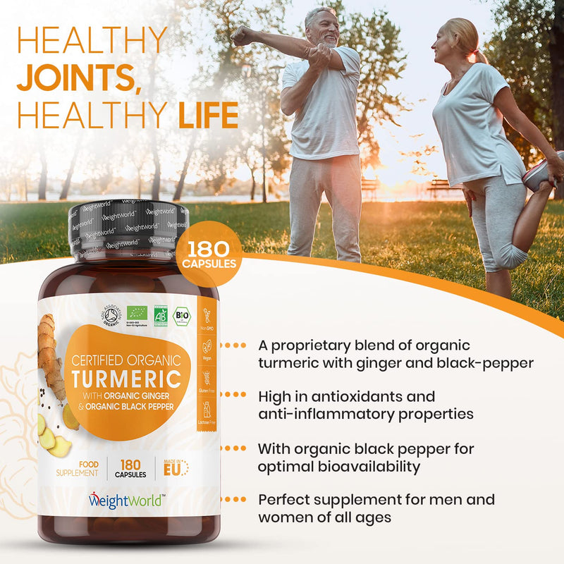[Australia] - Organic Turmeric Ginger & Black Pepper Capsules 1520mg - 180 Vegan Capsules - with Active Curcumin - Soil Association Certified - 3 Month Supply - High Strength Turmeric & Black Pepper Supplement 