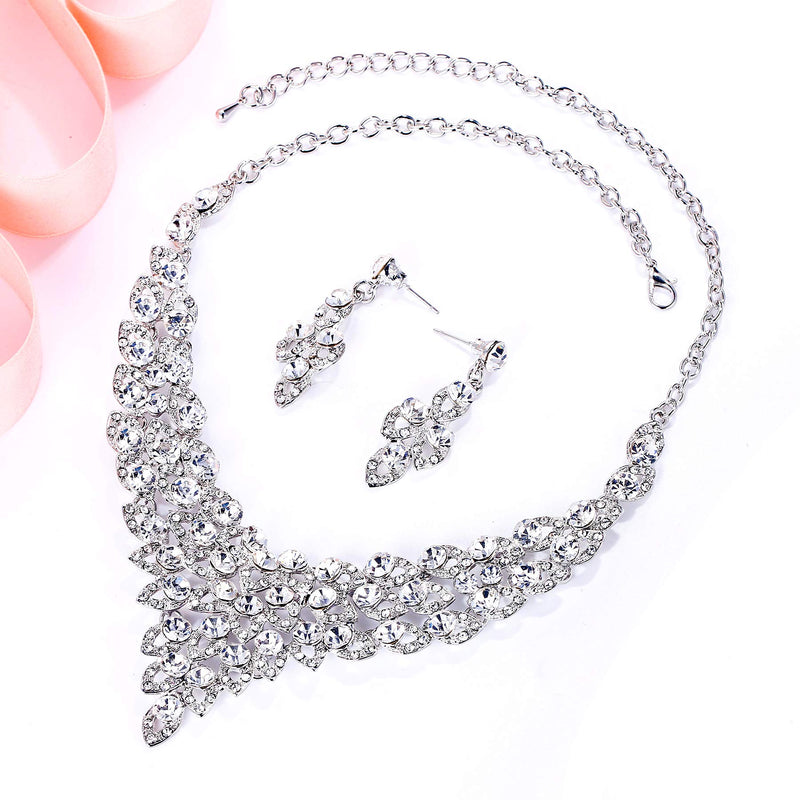 [Australia] - EVER FAITH Women's Austrian Crystal Luxury Hollow Leaves Wedding Engagement Necklace Earrings Set Clear Silver-Tone 