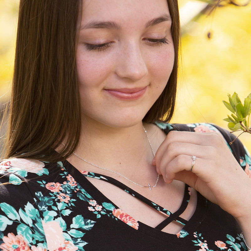 [Australia] - Sterling Silver First Communion Sideways Horizontal Cross Necklace for Girls and Women 14" 