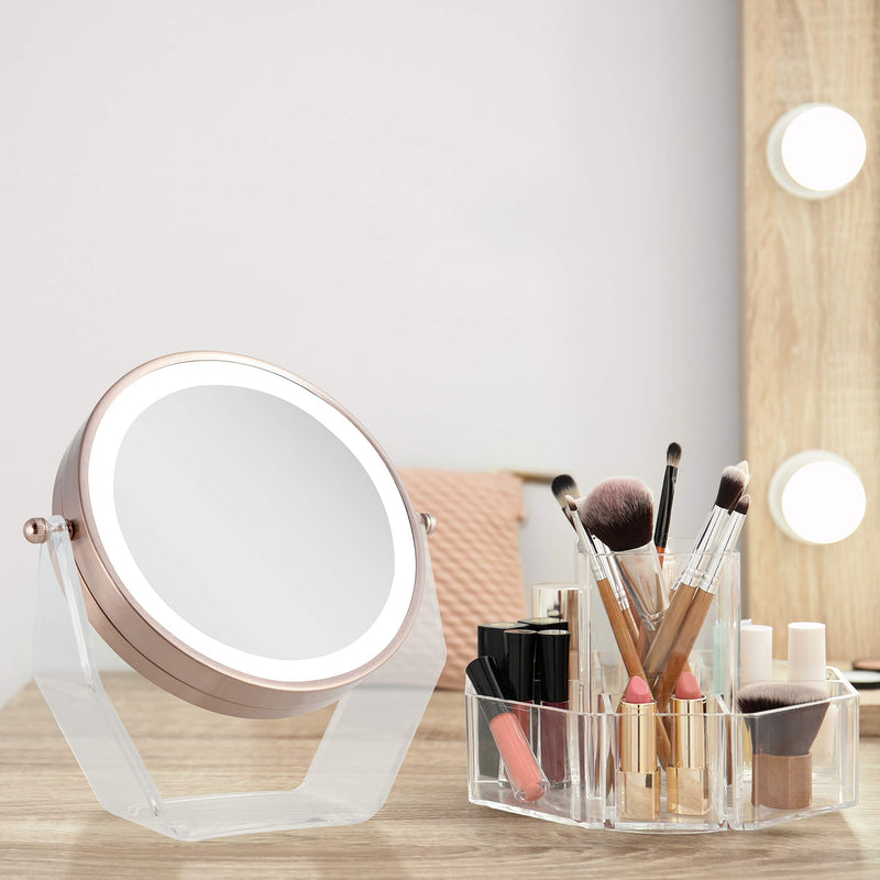 [Australia] - Zadro LED Lighted 8X/1X Magnification Two-Sided Swivel Acrylic Base Vanity Makeup Mirror for Bedroom, Bathroom and Tabletop in Rose Gold 