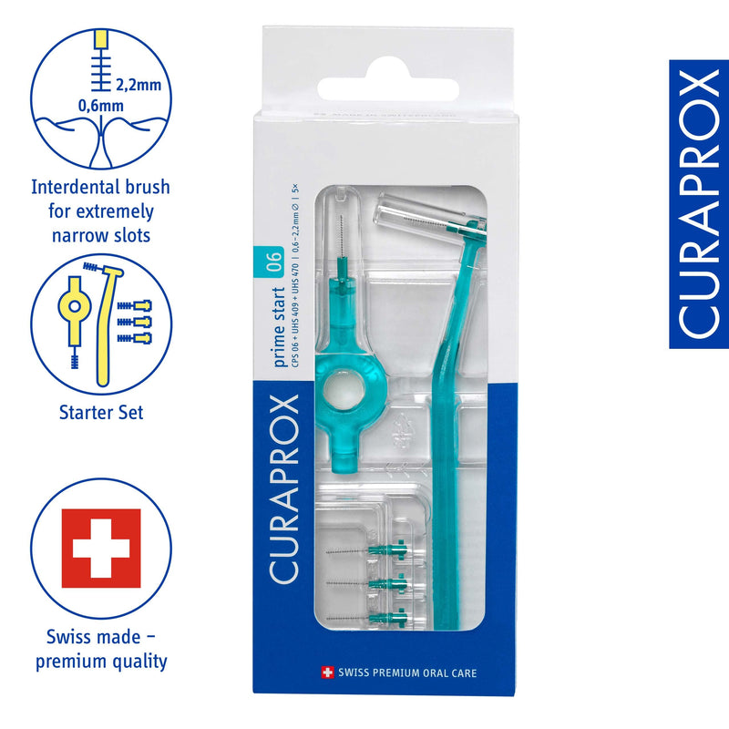 [Australia] - Curaprox CPS 06 Prime Start Interdental Brush Kit, Turquoise - 5 x 0.6mm - 2.2mm Interdental Brushes + 2 Interdental Toothbrush Holders 