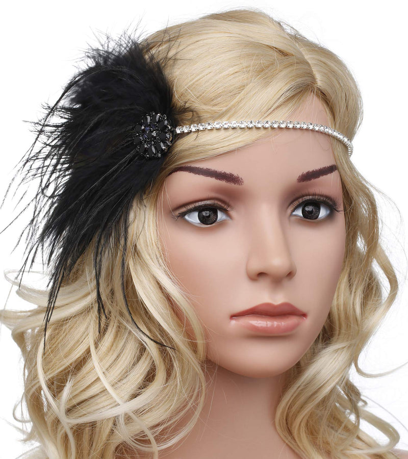 [Australia] - BABEYOND Vintage 1920s Flapper Headband Roaring 20s Great Gatsby Headpiece with Feather 1920s Flapper Gatsby Hair Accessories Black 