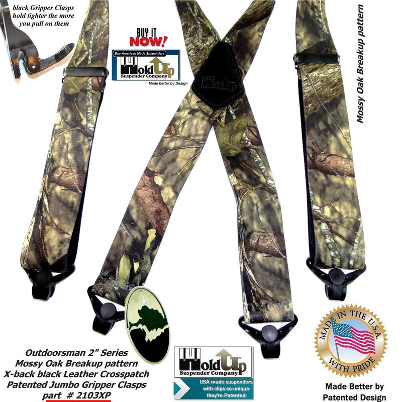 [Australia] - Hold-Up Suspender Co. 2" Wide Mossy Oak Breakup Trademarked Camoflauge Pattern X-Back Suspenders with Patented Gripper Clasps 