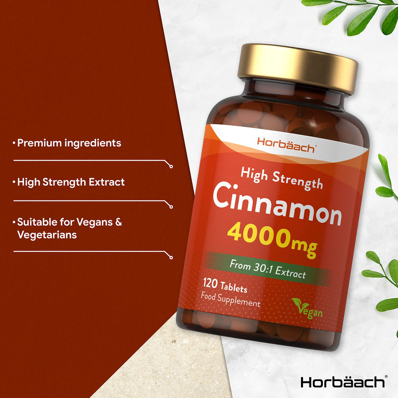 [Australia] - Cinnamon Tablets 4000mg | High Strength Supplement for Blood Sugar Levels & Metabolism Support | Rich Source of Calcium | 120 Vegan Tablets | by Horbaach 