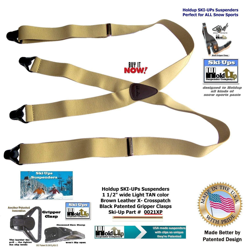 [Australia] - Holdup Brand Light Tan Snow Ski Suspenders in 1 1/2" width and X-back style with black Patented Gripper Clasp 