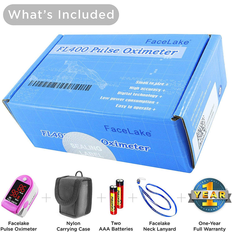 [Australia] - Facelake ® FL400P Pulse Oximeter with Carrying Case, Batteries, Neck/Wrist Cord - Pink 