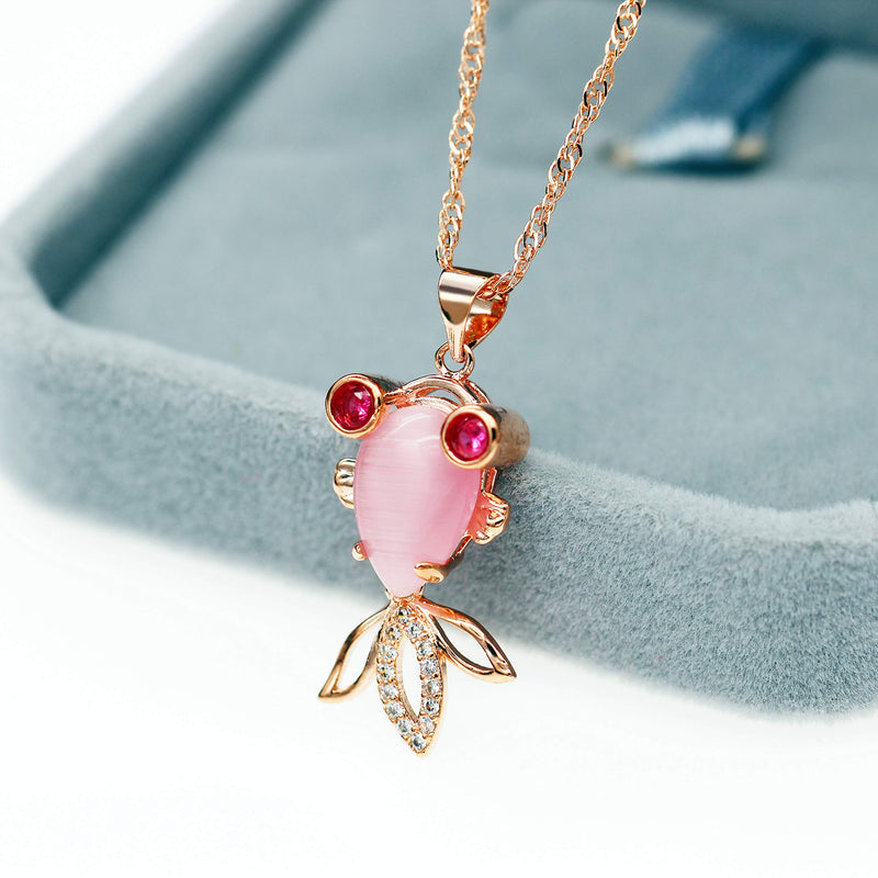 [Australia] - Uloveido Simulated Pink Jade Stone Crystal Rose Gold Plated Cute Goldfish Fish Pendant Necklace Fashion Jewelry for Girls Women DN236 