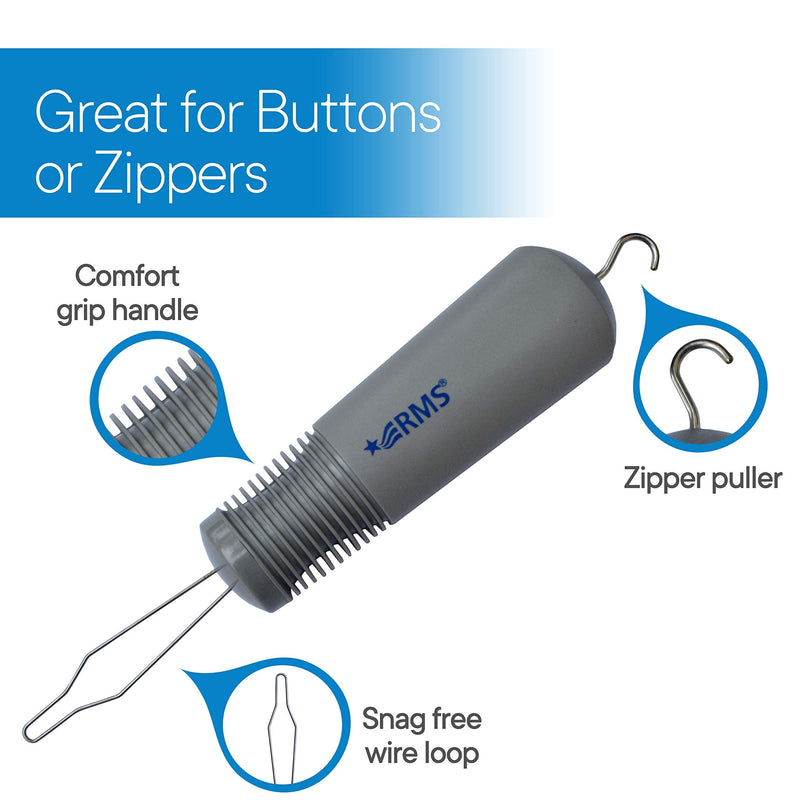 [Australia] - RMS Button Hook with Zipper Pull - Button Assist Device with Comfort & Wide Grip, Shirt & Coat Buttoning Aid Ideal for Limited Dexterity Caused by Arthritis (Grey) 