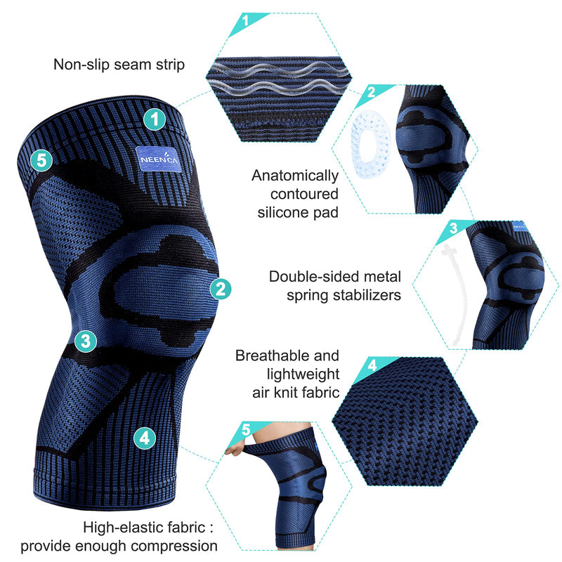 [Australia] - NEENCA [2 Pack] Knee Brace, Knee Compression Sleeve Support with Patella Gel Pad & Side Spring Stabilizers, Medical Grade Knee Protector for Running, Meniscus Tear, Arthritis, Joint Pain Relief, Sport Dark Blue (pack of 2) Medium 