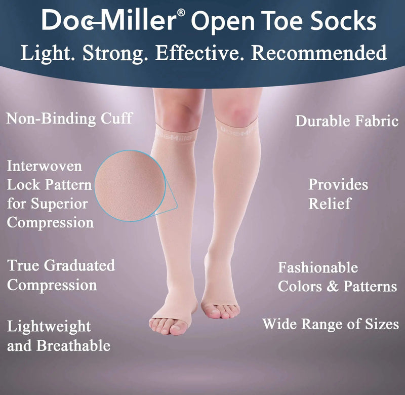 [Australia] - Doc Miller Open Toe Compression Socks Women and Men, Toeless Compression Socks Women, Support Circulation Shin Splints and Calf Recovery, Varicose Veins, 1 Pair Skin Knee High, Medium Tall, 20-30mmHg… 