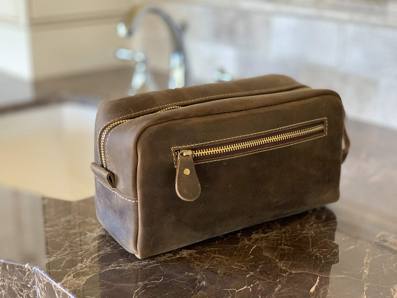 [Australia] - Calissimo Genuine Leather Dark Brown Travel Tote Bag - Dopp Kit - Shaving Kit. Large Capacity Toiletry Bag 