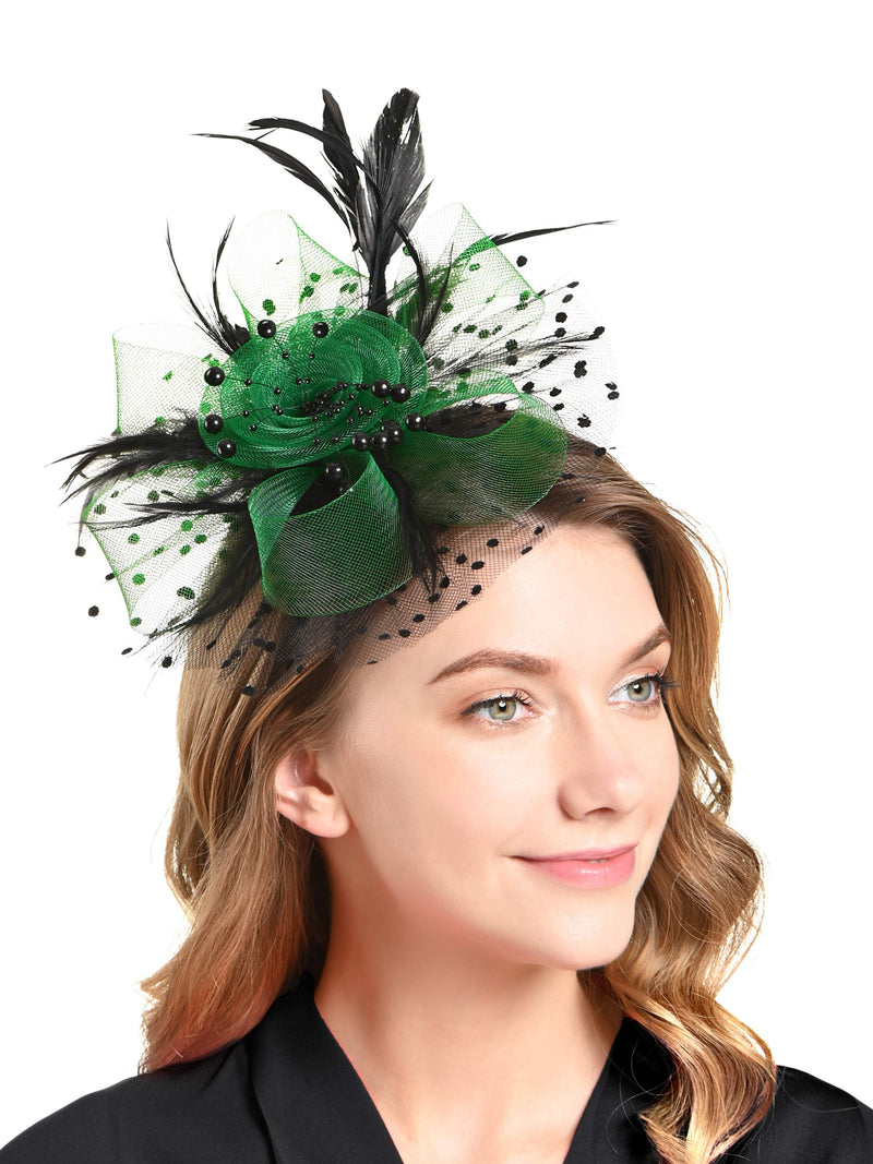 [Australia] - Fascinators Headband Tea Party Hats for Women Royal Wedding Hat Feather Mesh Hair Clip 1-black and Green 