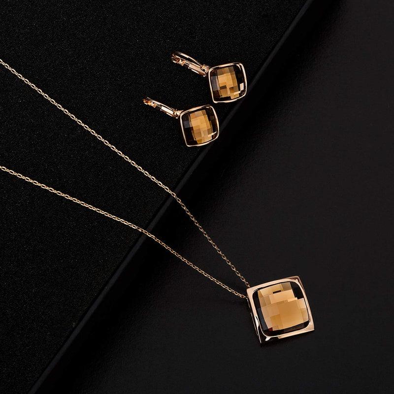 [Australia] - Square Austrian Crystal Necklace Earrings for Women Fashion 18K Gold Plated Hypoallergenic Jewelry Set Brown 