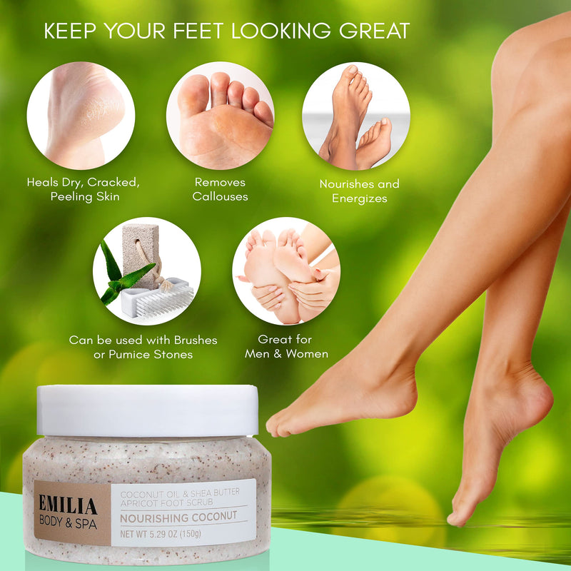 [Australia] - Emilia Foot Scrubs - Natural Organic Scrub - Exfoliating Body, Hand & Foot - Feet Exfoliator - Dead Sea Mineral Salt, Coconut Oil & Shea Butter Apricot Scrub - Bath, Pedicure, Cracked Heel - Pure Care Coconut & Shea Butter 