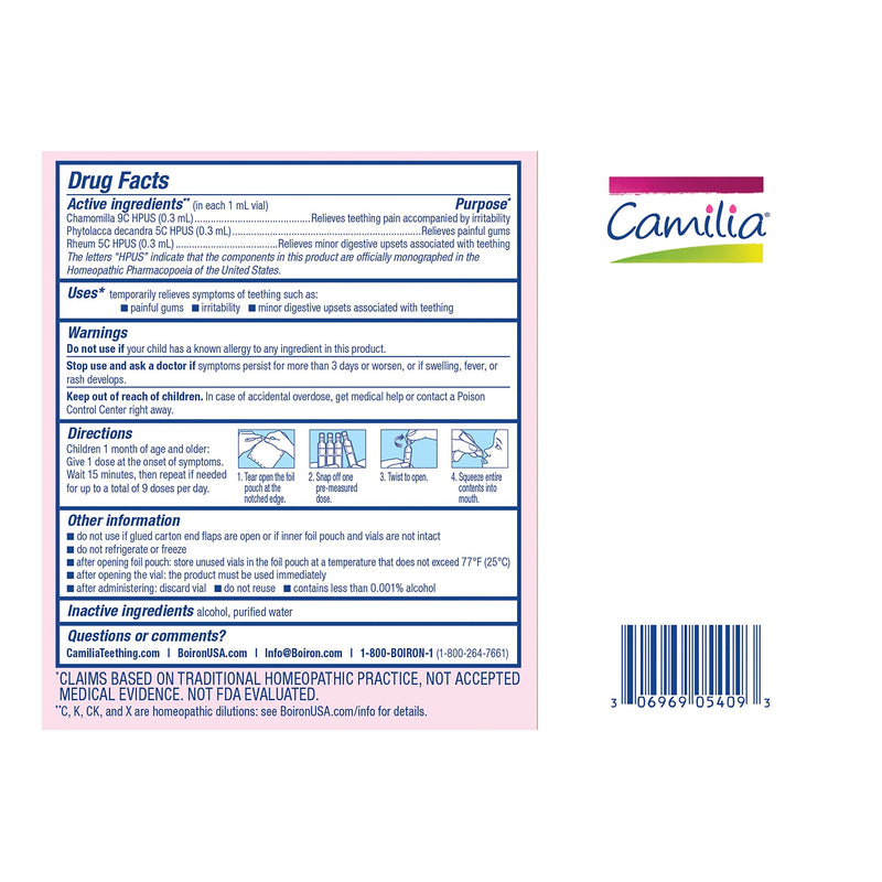 [Australia] - Boiron Camilia, Doses, Homeopathic Medicine for Teething Relief Natural - 30 Count 30 Count (Pack of 1) 