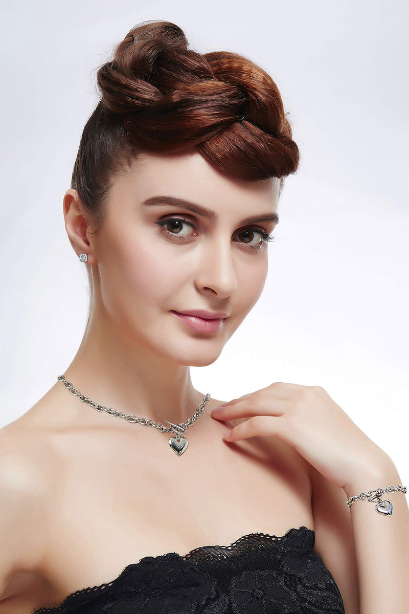 [Australia] - W/W Lifetime Heart Chain Necklace + Heart Bracelet for Women Girls Love Charm Toggle Chain Jewelry Set Stainless Steel 18K Gold/Silver Valentines Gifts White 18" necklace+8" bracelet 