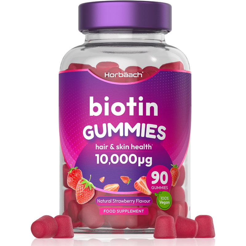 [Australia] - Biotin Gummies 10,000mcg | 90 Vegan Vitamins | for Hair Growth & Skin Health | Natural Strawberry Flavour | No Artificial Flavours or Sweeteners | von Horbaach 