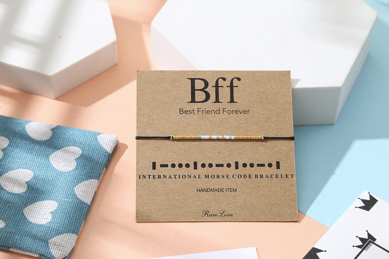 [Australia] - RareLove BFF Morse Code Beaded Bracelet Long Distance Relationships Friendship Gifts for Best Friends Waterproof Gold Blue White Tiny Pony Seed Beads Black String 