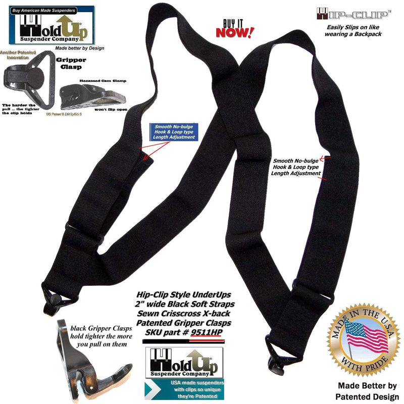 [Australia] - USA Made Holdup Brand Black 2" Hip-clip Style No-Buzz Suspenders Patented Gripper Clasps 