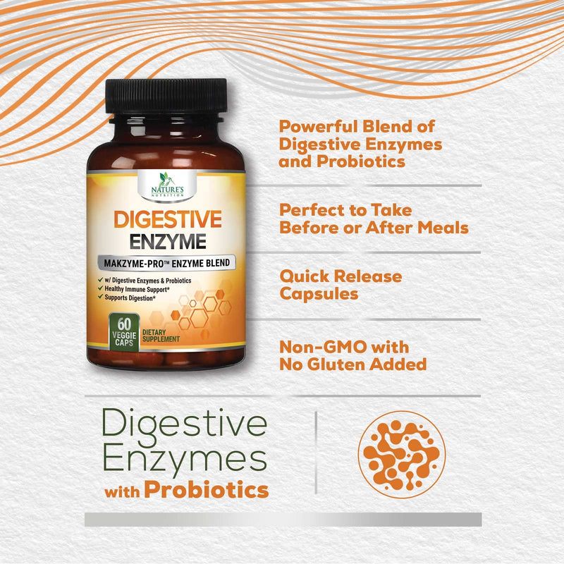 [Australia] - Digestive Enzymes with Probiotics, Bromelain and Papain - Gentle Digestion Support Multi-Enzyme Supplement for Women and Men - Daily Support for Gas, Bloating and Digestion, Non-GMO - 60 Capsules 60 Count (Pack of 1) 