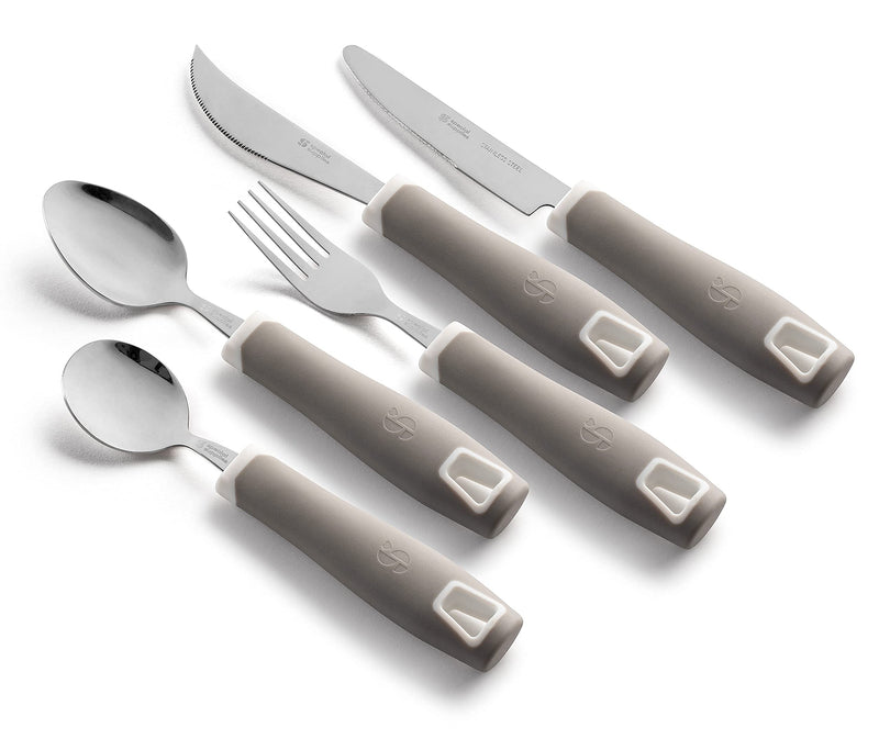 [Australia] - Special Supplies Adaptive Utensils 5-Piece Set Non-Weighted, Non-Slip Handles for Hand Tremors, Arthritis, Parkinson’s or Elderly Use - Stainless Steel Knife, Rocker Knife, Fork, Spoons - Gray 
