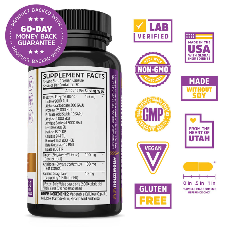 [Australia] - Zhou Nutrition Bloat Blast+ Digestive Enzymes with Probiotics, Bloating Relief for Women and Men, Reduce Water Retention and Improve Digestive Health, Vegan, Non-GMO, Gluten Free, 30 Servings 