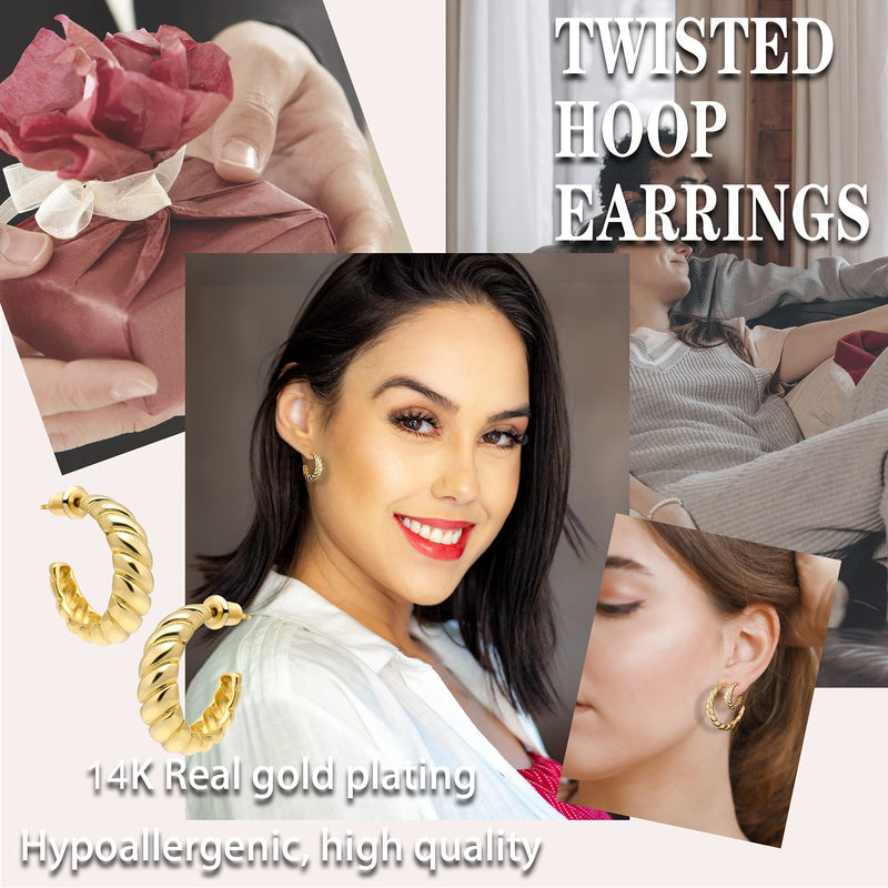 [Australia] - Wowshow Chunky Open Hoops 14K Gold Plated Hoop Earrings Croissant Hoop Earrings Twisted Round Earrings for Women Girls Gifts Gold 20 