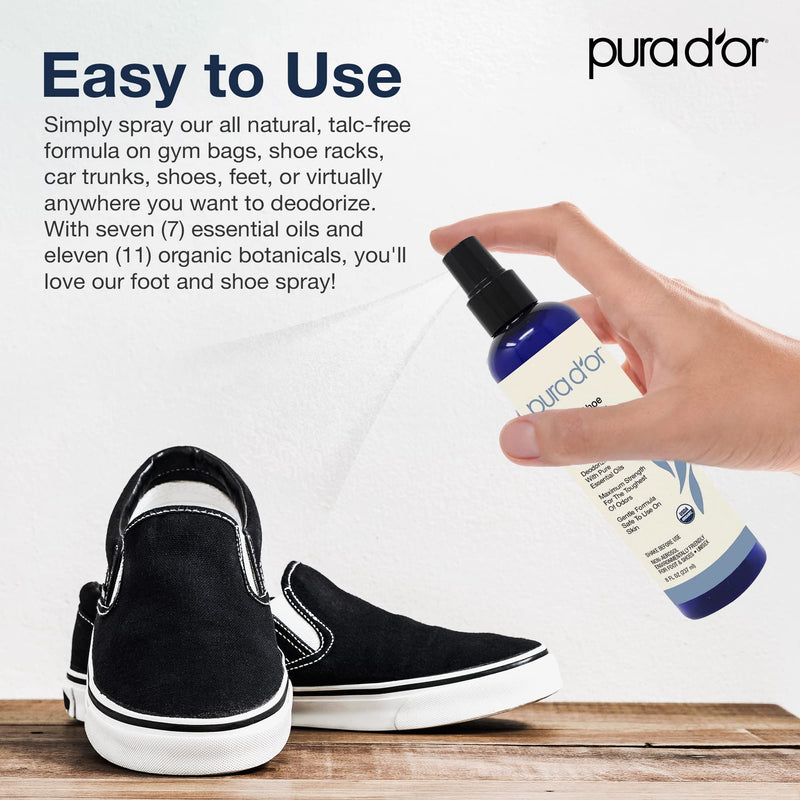 [Australia] - PURA D'OR Organic Shoe & Foot Odor Eliminator Spray (8oz) Deodorizes & Removes Bad Smells with Eucalyptus, Peppermint, Tea Tree, Lemongrass Essential Oil, Maximum Strength (Packaging may vary) 