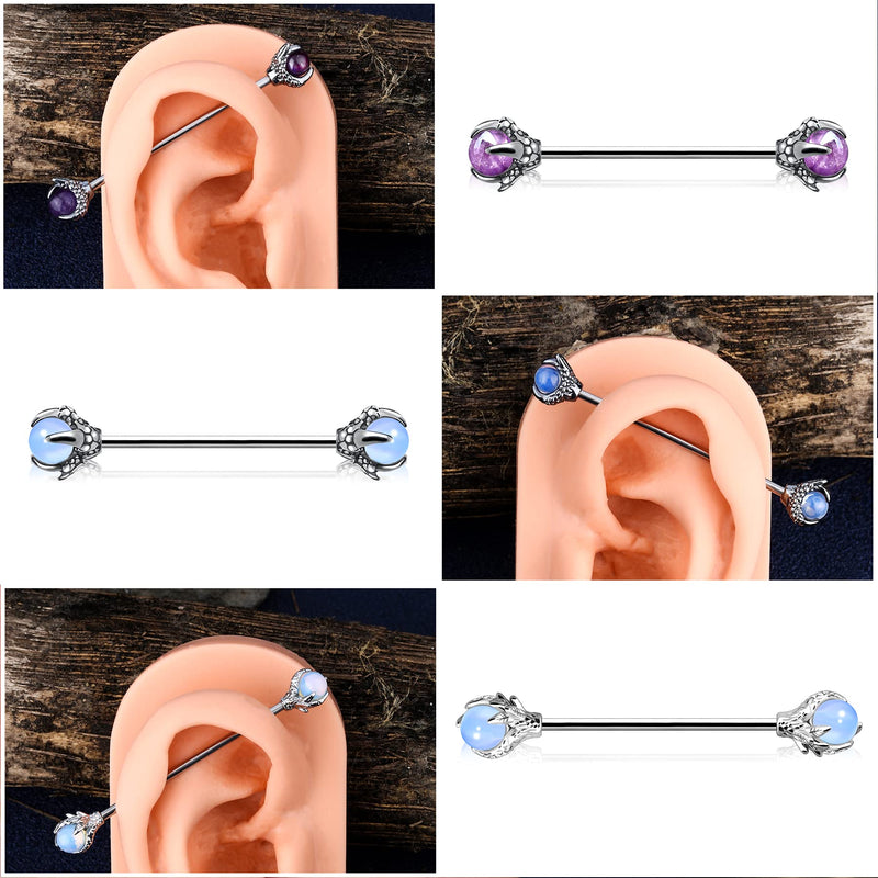 [Australia] - OUFER 14G Industrial Barbell 316L Stainless Steel Dragon Claw Natural Stone Industrial Barbell Piercing Jewelry Cartilage Earrings 14g,38mm 