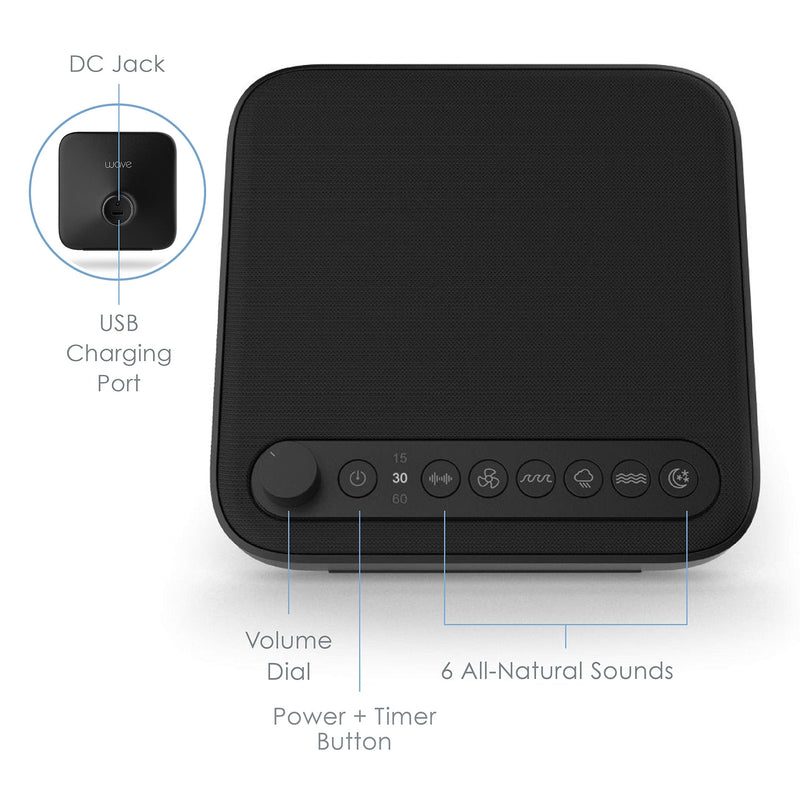 [Australia] - Pure Enrichment® WAVE™ Premium Sleep Therapy Sound Machine with USB Charger - Seamless Looping with 6 Soothing All-Natural Sounds, & Auto-Off Timer - Easily Portable for Travel (Black) Patented Design Black 