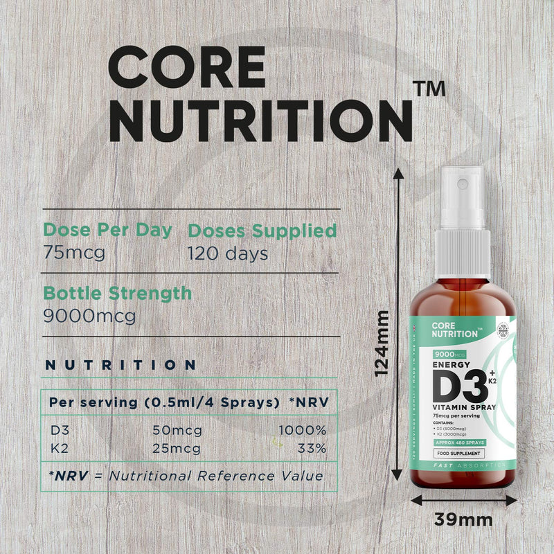 [Australia] - Core Vitamin D3 K2 Spray | 2000iu (50mcg) Vitamin D3 + 25mcg Vitamin K2 (MK7) High Strength | 60ml for 120 Day Supply | 100% Vegan | Natural Orange Vitamin D Spray by Core Nutrition 